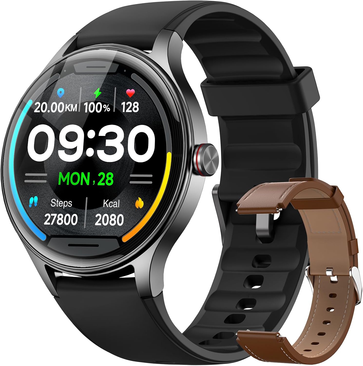 Relojes inteligentes para hombres/mujeres (2 bandas), redondo con llamadas Bluetooth , monitor de frecuencia cardíaca y SpO2/sueño.