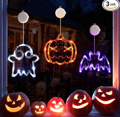 Decoraciones de Halloween, paquete de 3 luces de fantasma blanco, calabaza naranja, murciélago púrpura, para ventana, con ventosa, a pila, funciones de desvanecimiento lento y temporizador